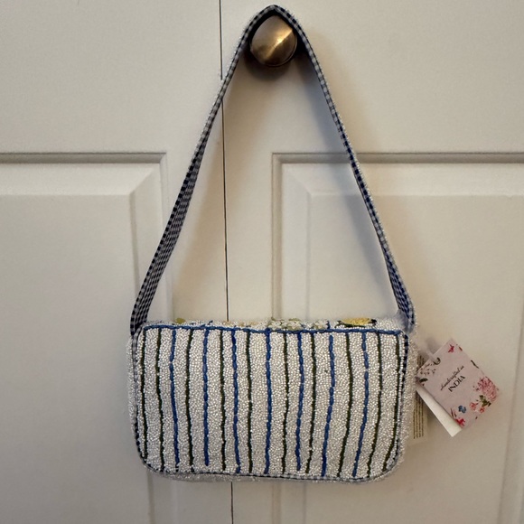 Handcrafted in India Beaded Bag Lemon Tiles with Gingham Interior - Picture 4 of 8